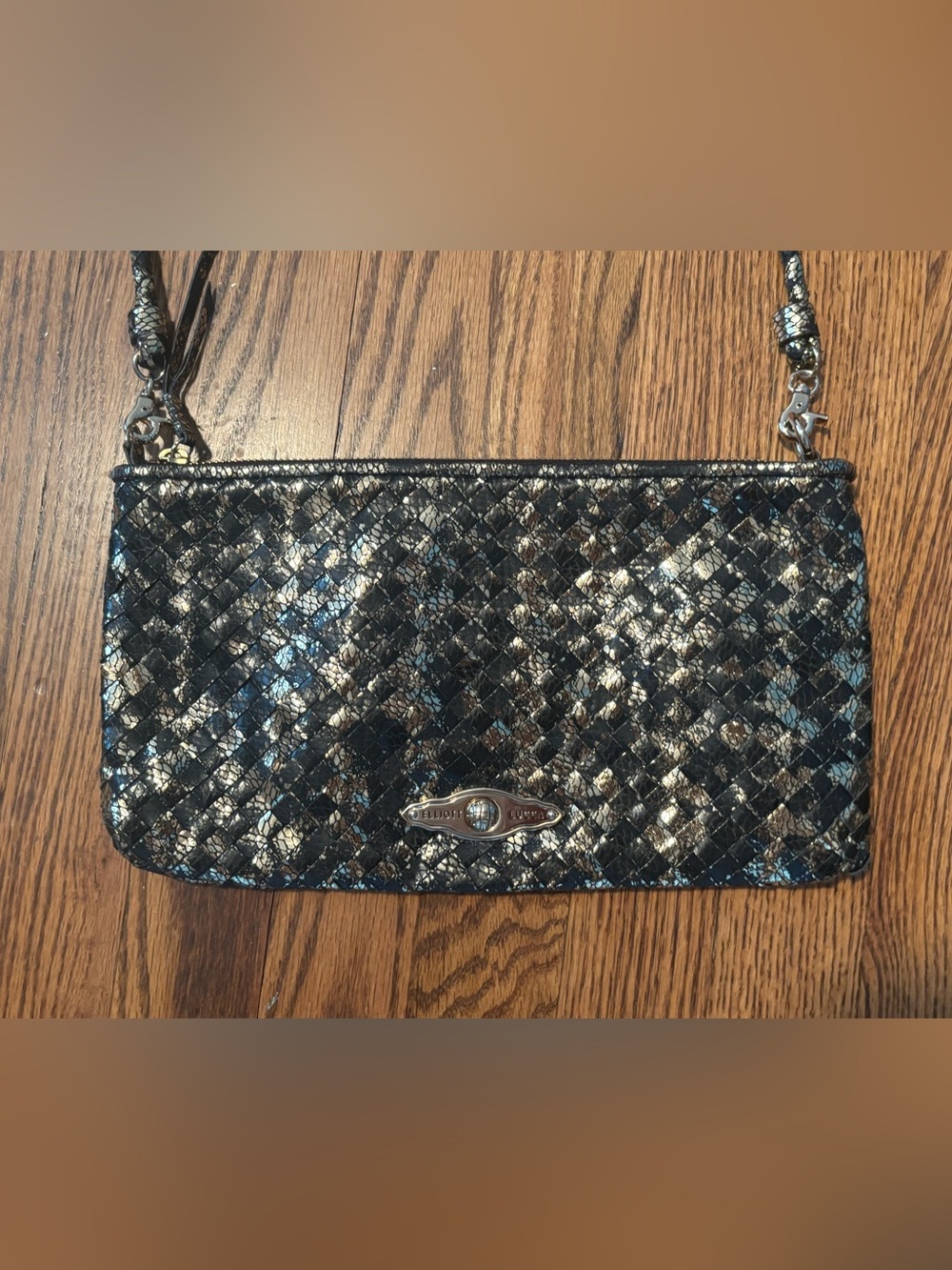 Vintage Elliott Lucca Woven Leather Convertible Clutch Shoulder Bag Black Gold